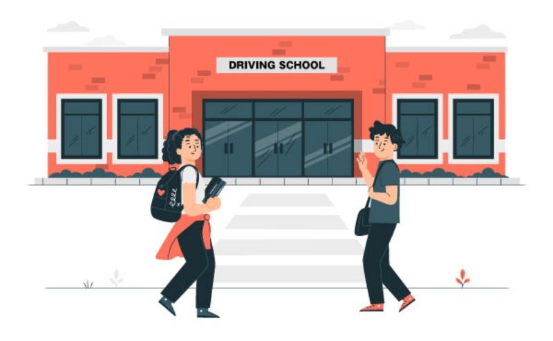 教習所の建物前を歩く男女の学生風イラスト