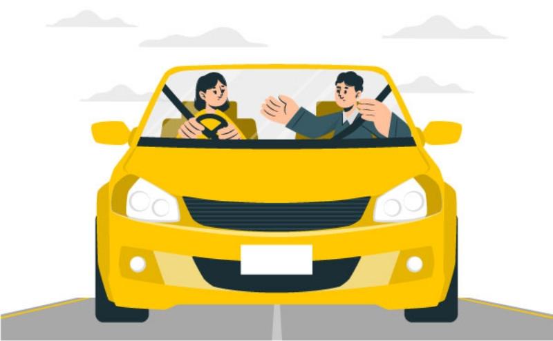 黄色い教習車で教官と生徒が運転練習するイラスト