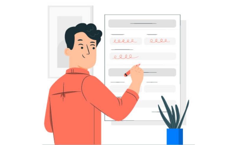 試験用紙に赤ペンで記入する男性のイラスト