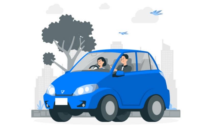 青い教習車で運転練習する生徒と教官のイラスト