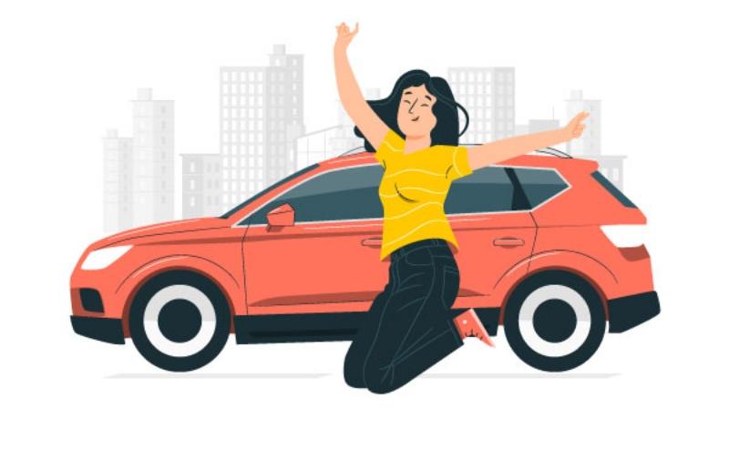赤い車の前でジャンプして喜ぶ女性のイラスト